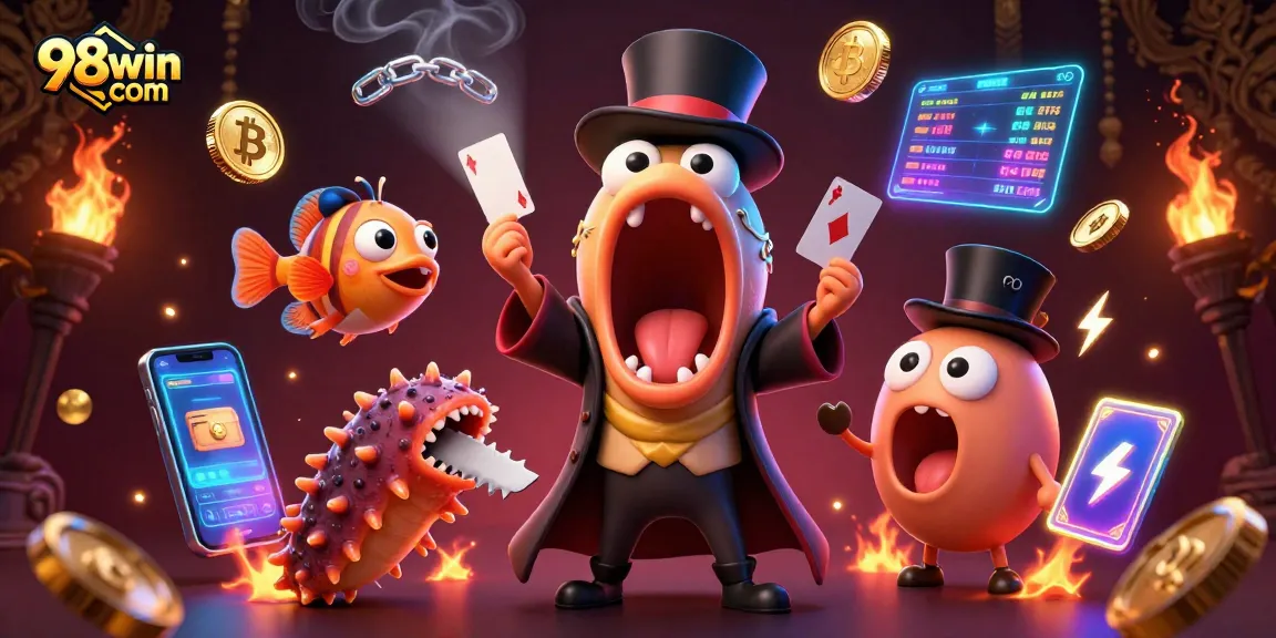 Experience thrilling games at 98win com with vibrant casino illustrations and crypto elements.
