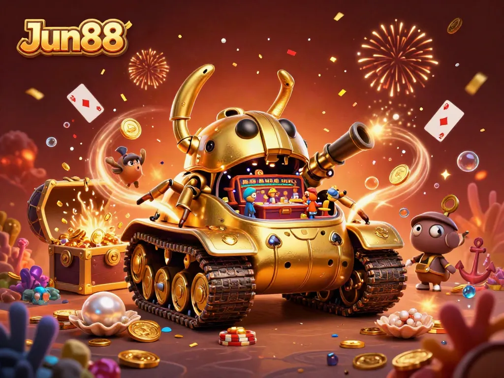 Experience the excitement of Jun88 with a vibrant casino scene featuring golden beetle tank and treasures.