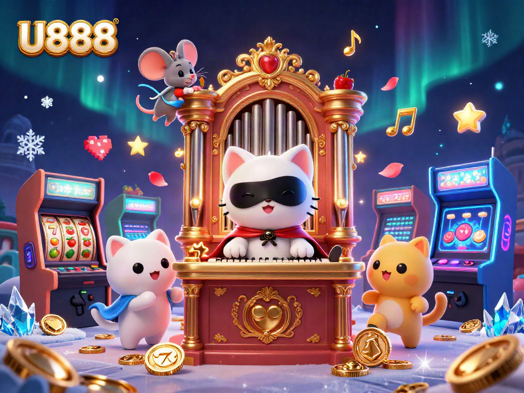 U888 casino scene featuring a white cat at an organ amid slot reels and vibrant game elements.