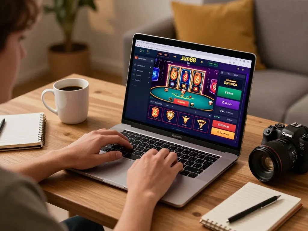 Engaged user playing poker at Jun88 on a laptop in a cozy home setting, showcasing online casino excitement.
