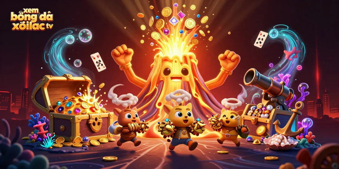 xem bóng đá xoilac tv showcases a lively scene with a golden volcano, treasure, and dynamic gaming elements.