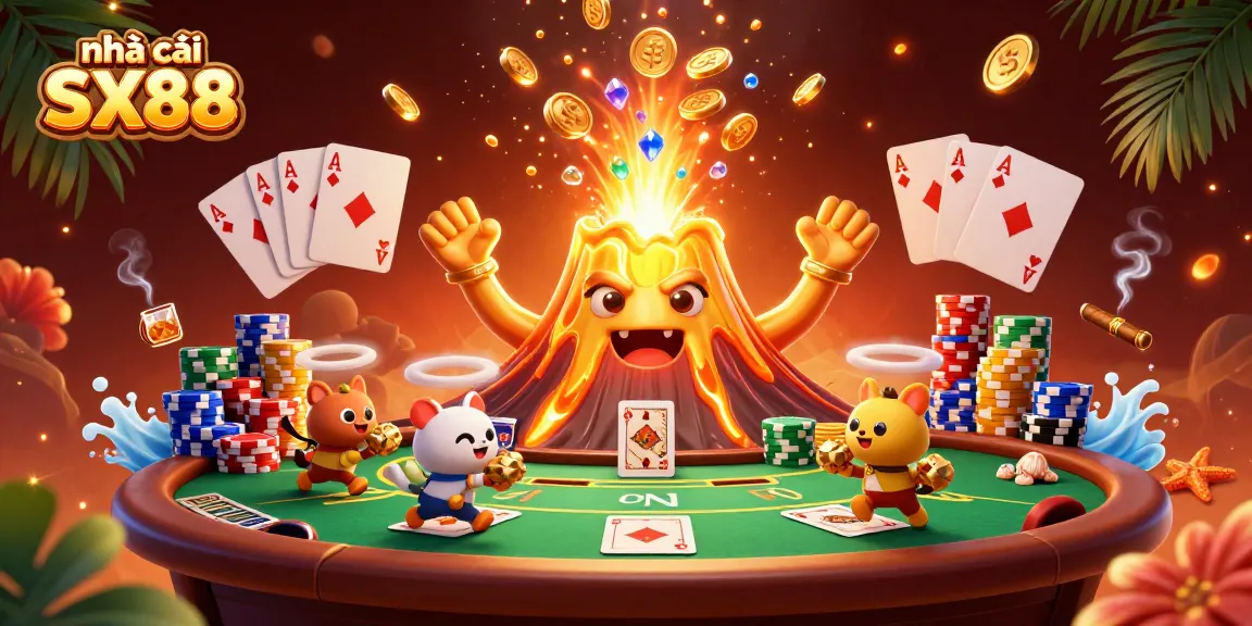 Engage with exciting action at nhà cái SX88, featuring a golden volcano erupting treasures in a vibrant casino scene.