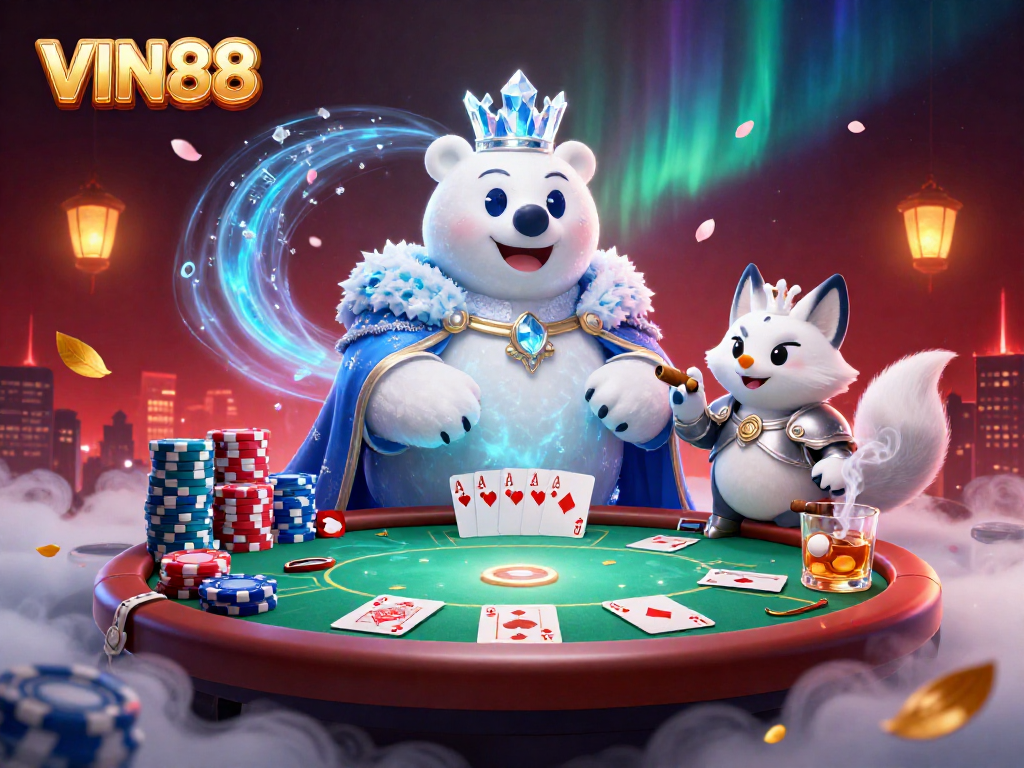 Experience the thrill of VIN88 with a vivid 3D scene depicting an ice king polar bear and a snow fox immersed in a poker environment, showcasing game elements and vibrant energy.