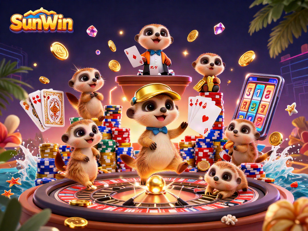 Experience the excitement of SunWin casino with meerkats dealing cards and spinning roulette.