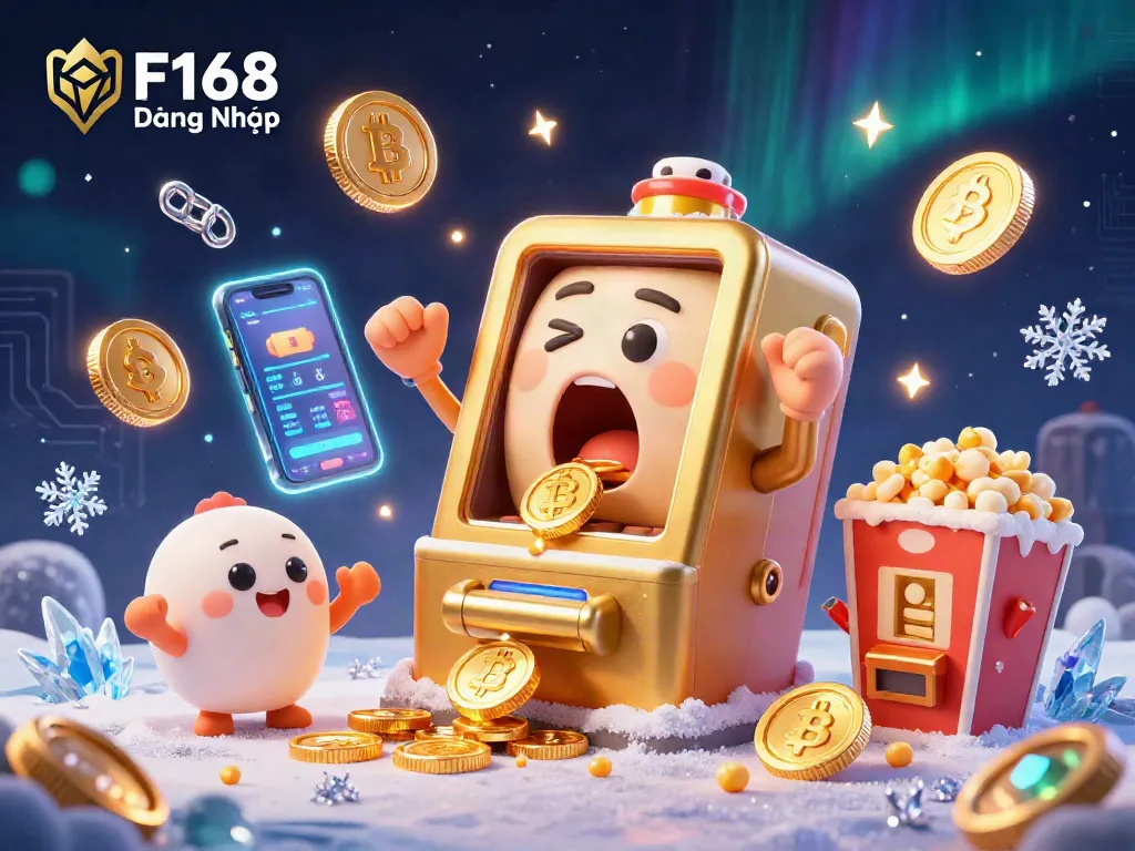 Engage with F168 Đăng Nhập by witnessing a golden slot machine hitting a jackpot amid cheers and crypto elements.