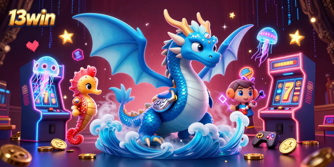 Experience the thrill at 13win casino, a vibrant 3D illustration of gaming action with dragons, slots, and energy.