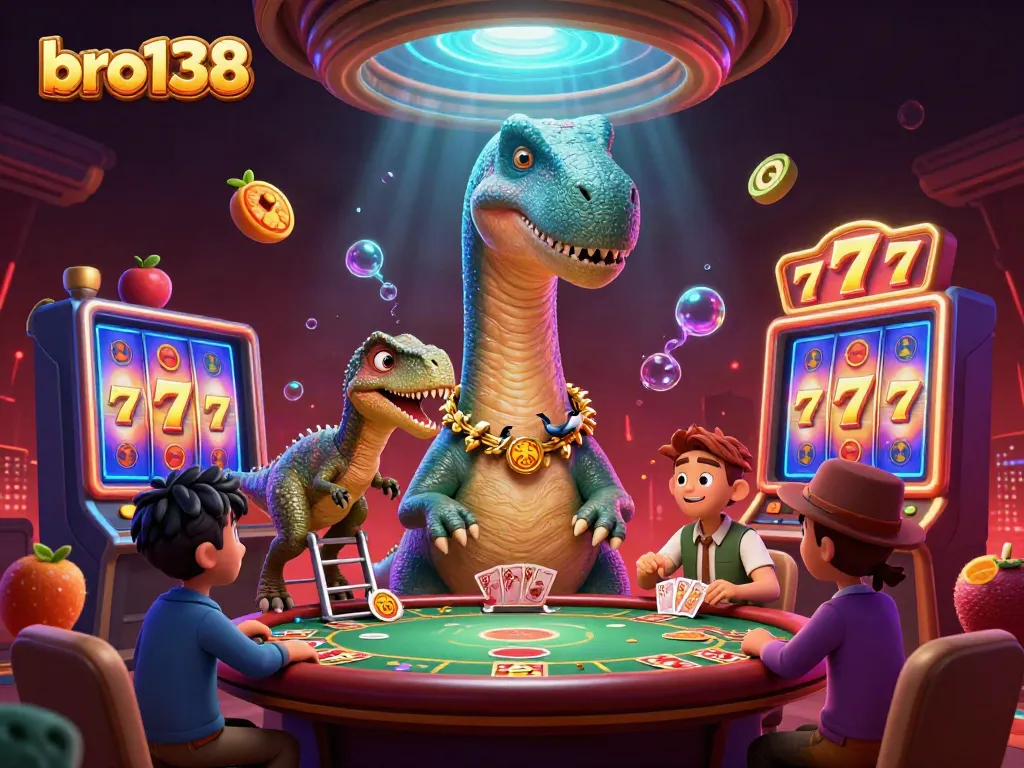 Play slots and win at bro138 with giant characters and vibrant game elements in a lively casino scene.
