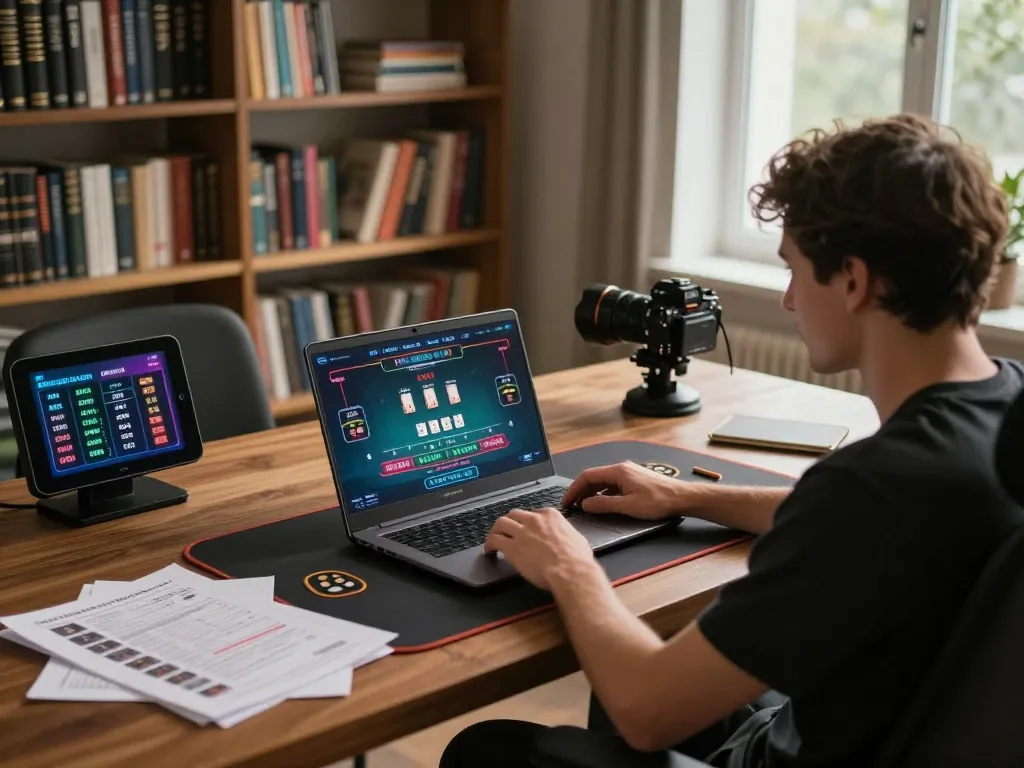 LUCK8 player analyzing blackjack strategies in a stylish home gaming setup