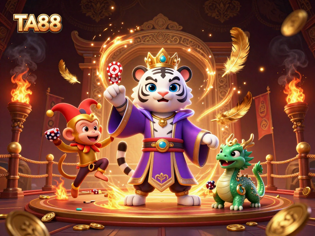 Play poker with TA88's vibrant scene featuring a royal tiger, jester monkey, and dynamic casino elements.