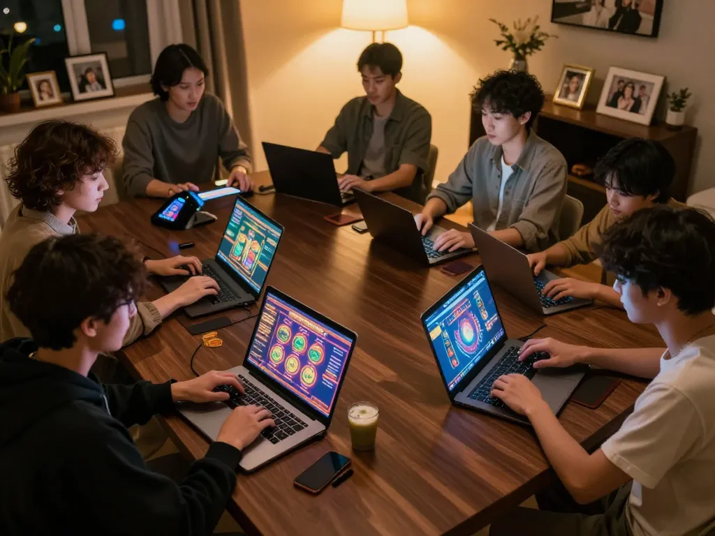 TẢI KU88 with players enjoying dynamic online gaming on laptops in a cozy home environment.