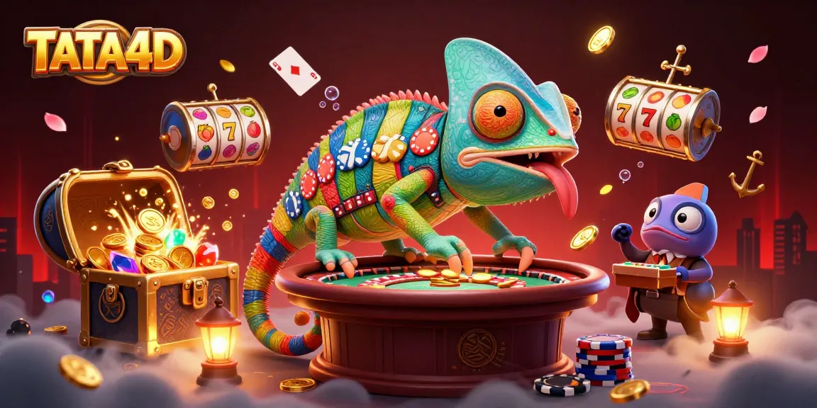 TATA4D illuminates a vibrant casino scene featuring animated characters showcasing slot reels and golden treasures.