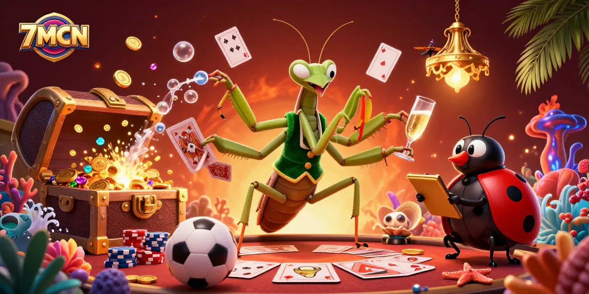 Engage in thrilling sports betting with 7MCN's vibrant illustration showcasing card sharps and vibrant game elements.