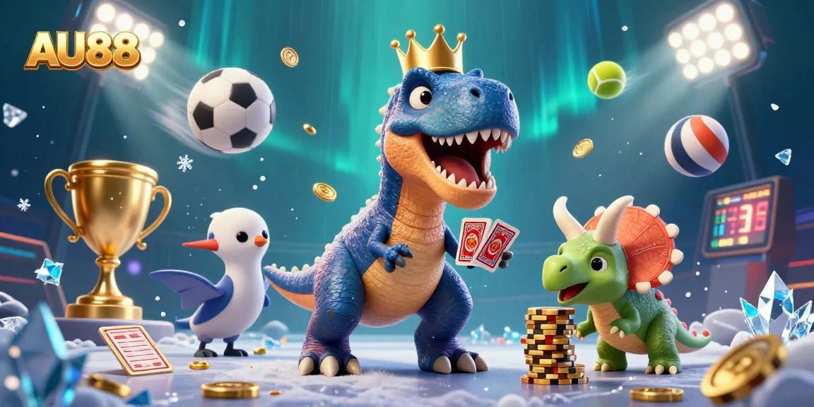Engage with AU88's vibrant gaming universe featuring cartoon dinosaurs amid thrilling casino elements.