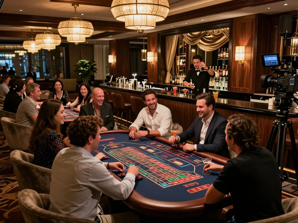 Guests in an upscale casino discussing DEBET betting strategies by the bar, capturing the excitement of social gaming.