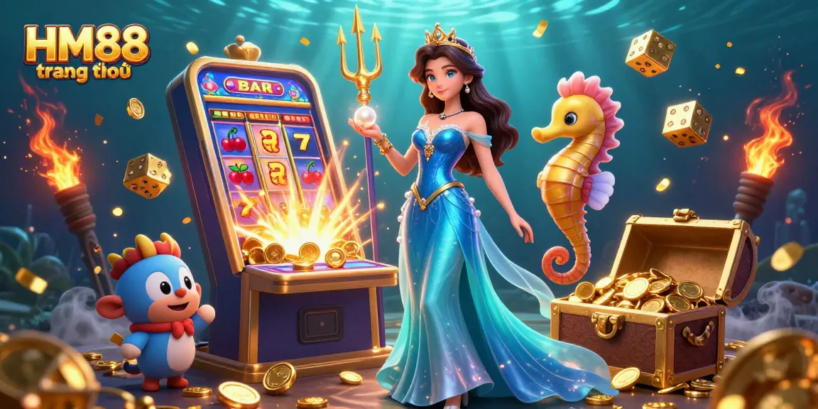 Experience the thrill of gaming at HM88 trang chủ with a dynamic underwater casino scene filled with treasures.