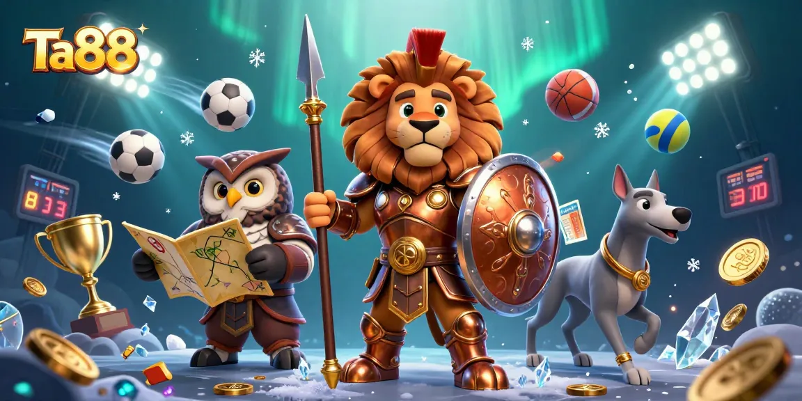 Experience victory with Ta88 in this dynamic casino scene featuring a Spartan lion and strategic owl.