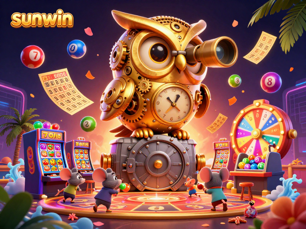 Engage with the sunwin casino scene featuring vibrant slot machines and colorful lottery elements.