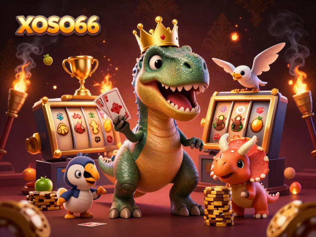 Engage with XOSO66 in this vibrant 3D illustration showcasing a T-Rex and friends in a joyful casino setting.