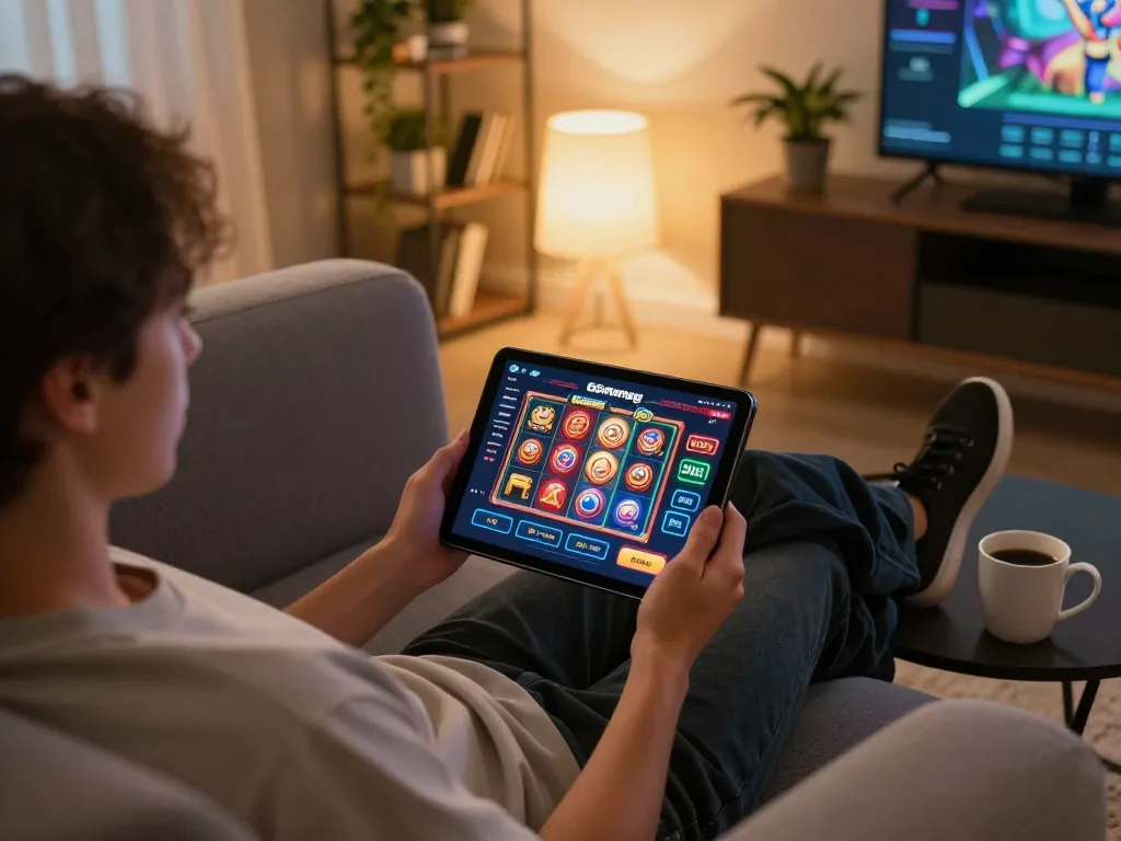 Pemain berinteraksi dengan 66menang di tablet selama sesi permainan santai di rumah.