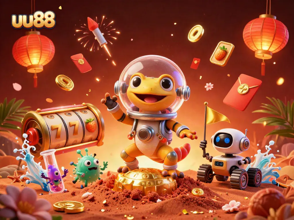 uu88 spins with excitement in a rich casino scene with vibrant game symbols and dynamic characters.