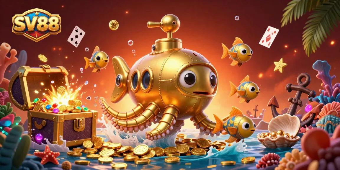 SV88 showcases thrilling underwater treasure hunting with a golden kraken submarine and mechanical fish in an exciting casino scene.