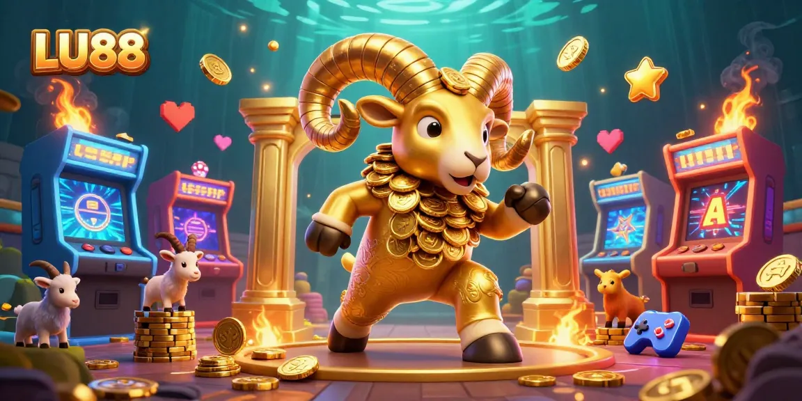 Experience the thrill of winning with LU88 at a vibrant casino event featuring a golden ram and arcade machines.