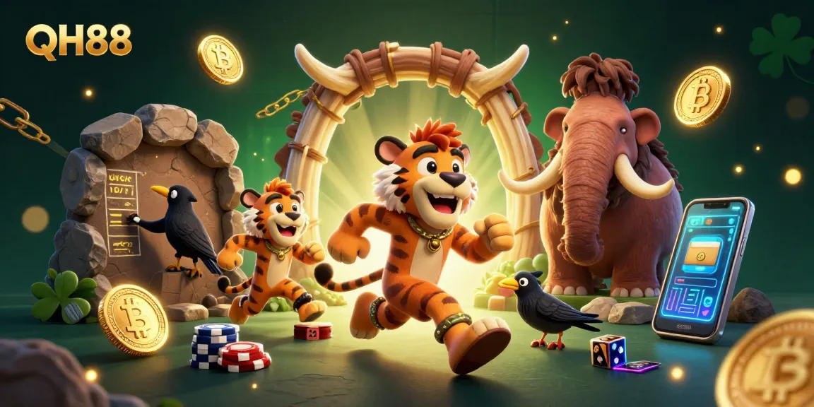 Engage with QH88's thrilling casino experience featuring a dynamic prehistoric scene with colorful gaming elements.