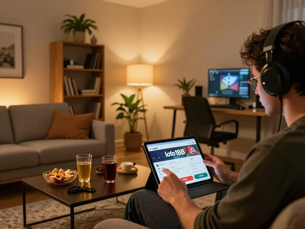 Engaged player focusing on loto188 app during a strategic home gaming experience.