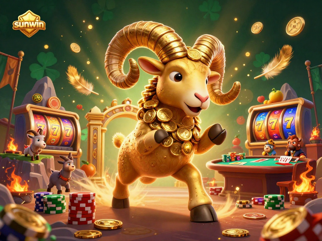 Win big with Sunwin's exciting casino illustration showcasing a dynamic 3D golden ram!