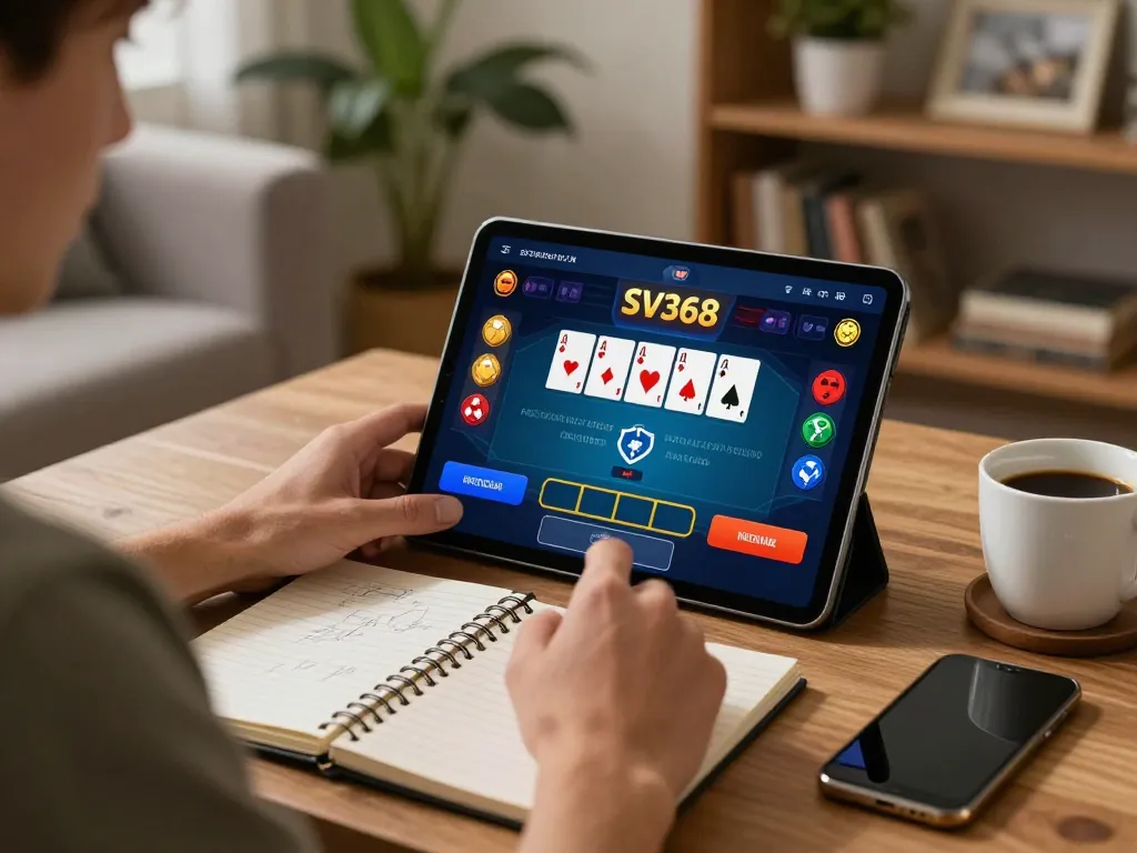 Player using SV368 app for online betting, showcasing poker cards and strategy notes.