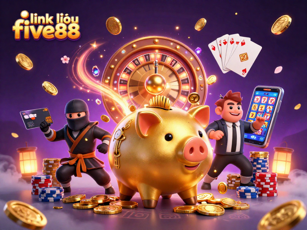 Experience the excitement of "link vào five88" as the golden piggy bank sumo wrestler shakes loose coins, surrounded by casino elements.