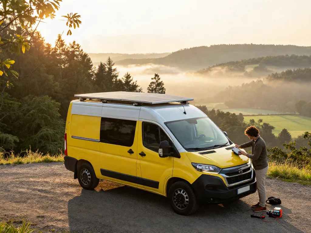 Campervan electrics setup with rokok88 tools in scenic landscape.