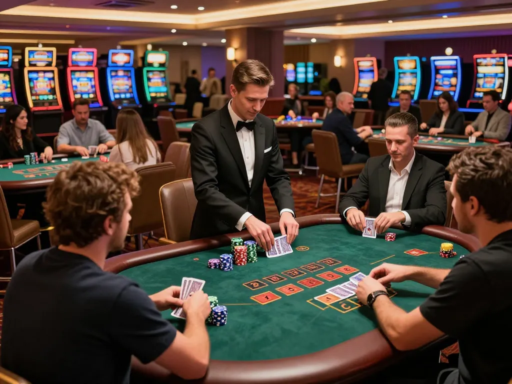 Engaged players enjoying HITCLUB at a lively blackjack table, dynamic gameplay captured in a luxurious casino.