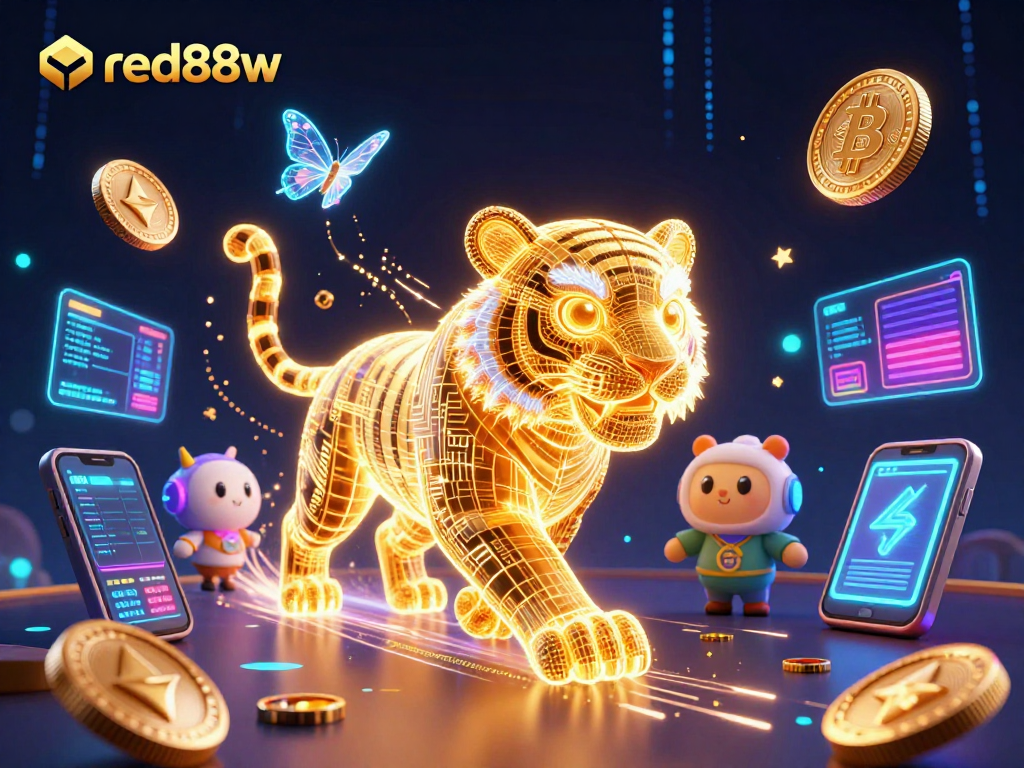 Join the excitement at red88w with a vibrant 3D casino scene featuring a golden tiger, crypto coins, and dynamic game elements.