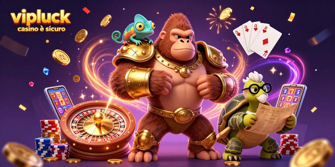 Vipluck casino è sicuro: Illustrazione 3D di un gorilla re e un camaleonte, circondati da monete d'oro e carte da poker.
