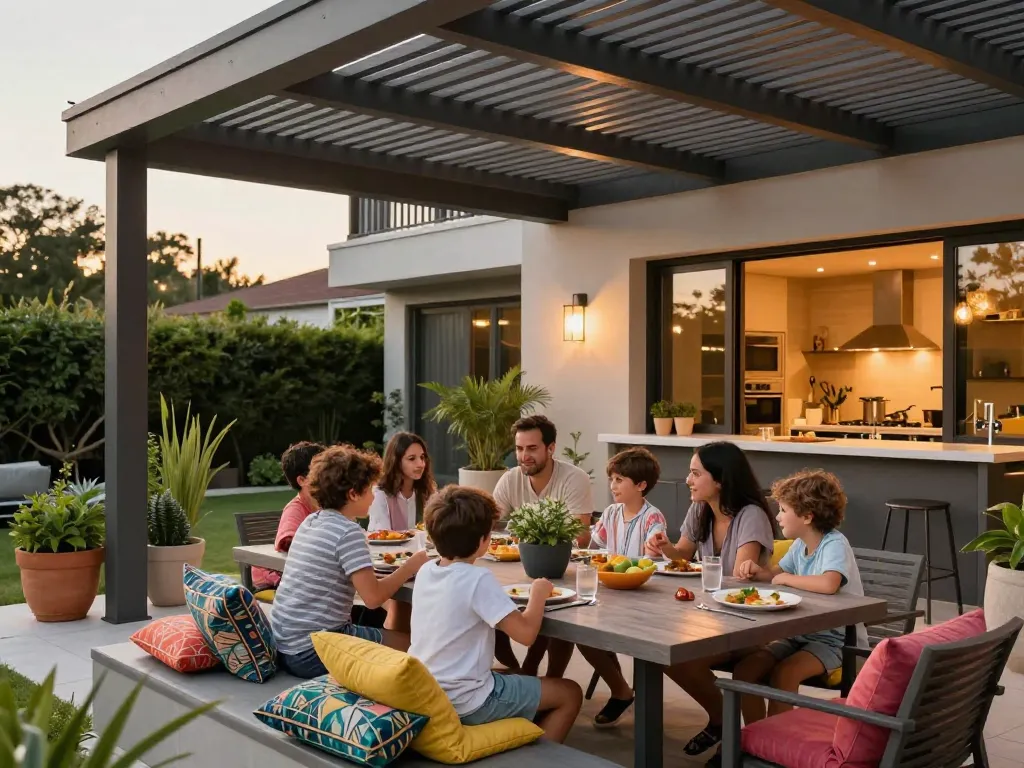 Inviting family gathering under a configuratore pergola online with vibrant outdoor dining setup and cozy lighting.