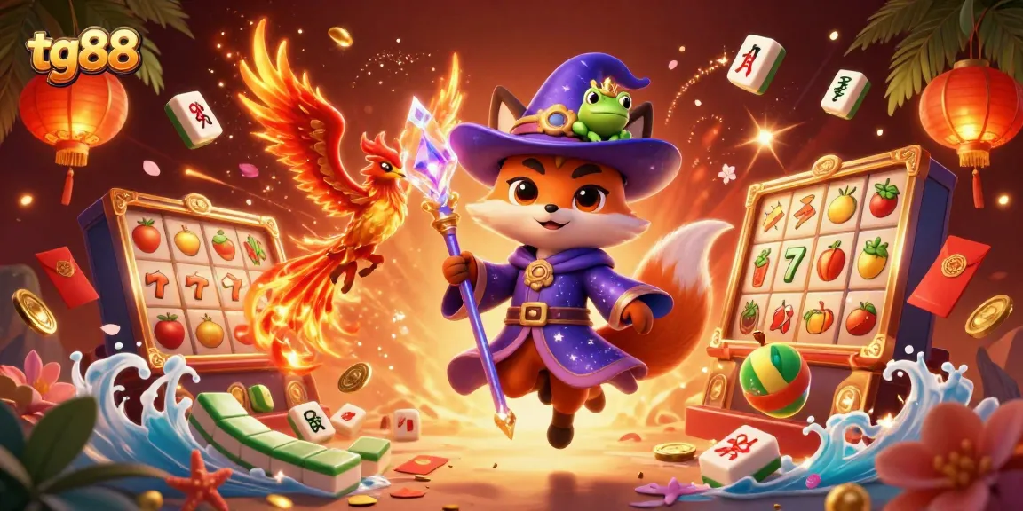 Tg88 magical casino scene featuring a wizard fox and phoenix with vibrant gaming elements.