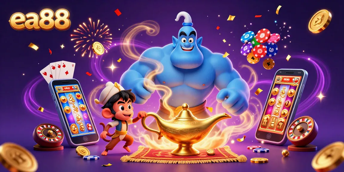 Experience the magical world of ea88 with a genie, monkey, and poker chips in a vibrant casino scene.