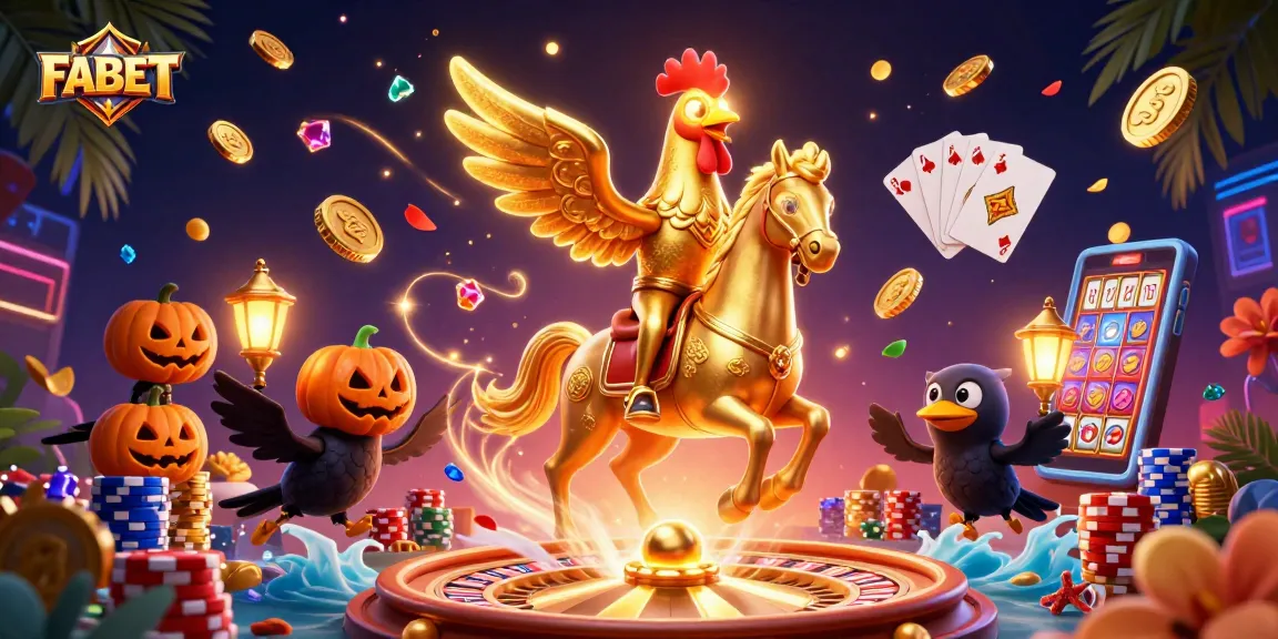 FABET captivates with golden rooster gambling on a spectral horse amidst casino riches
