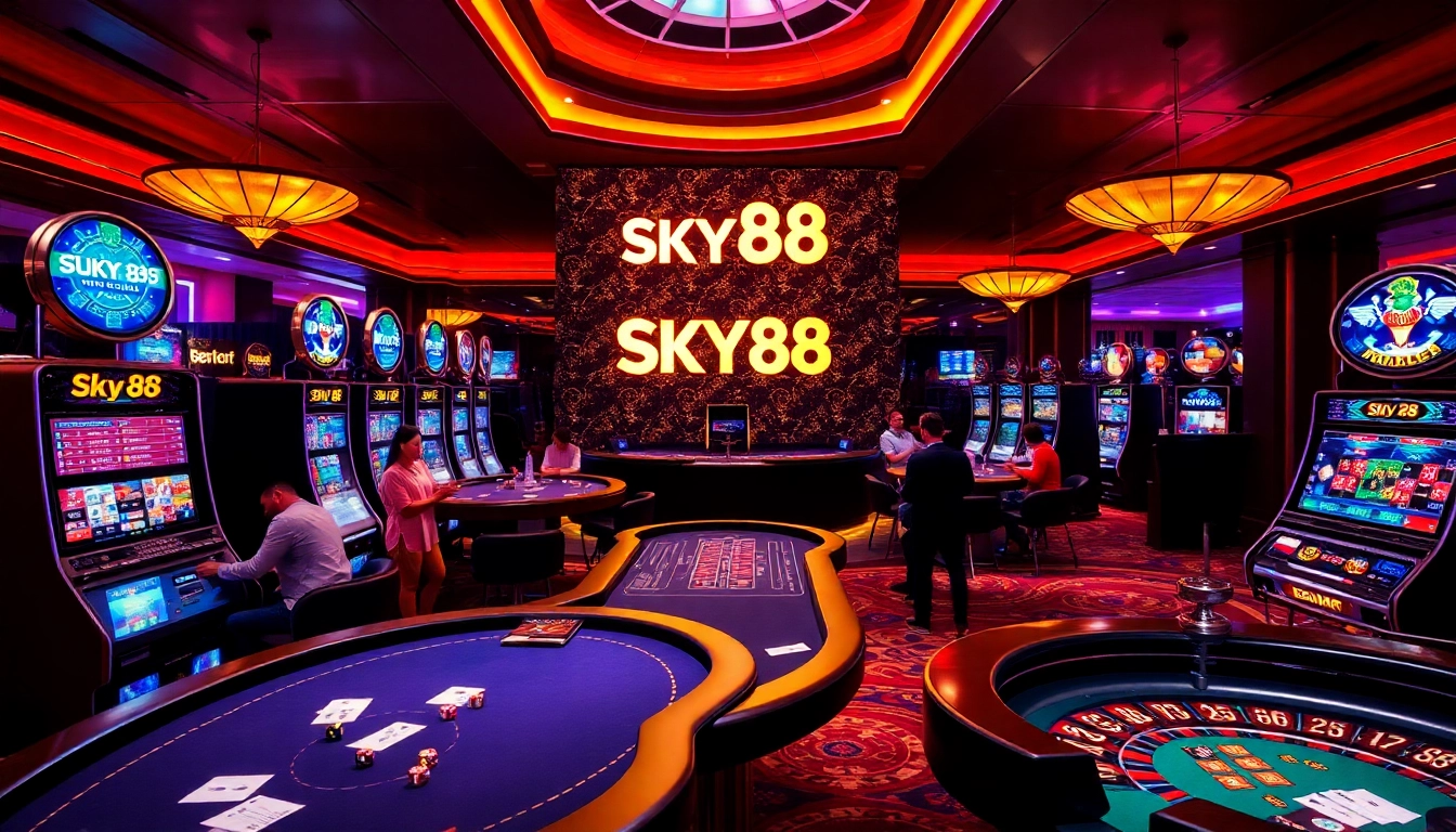 Players enjoying a thrilling game at SKY88 casino with vibrant colors and luxurious decor.