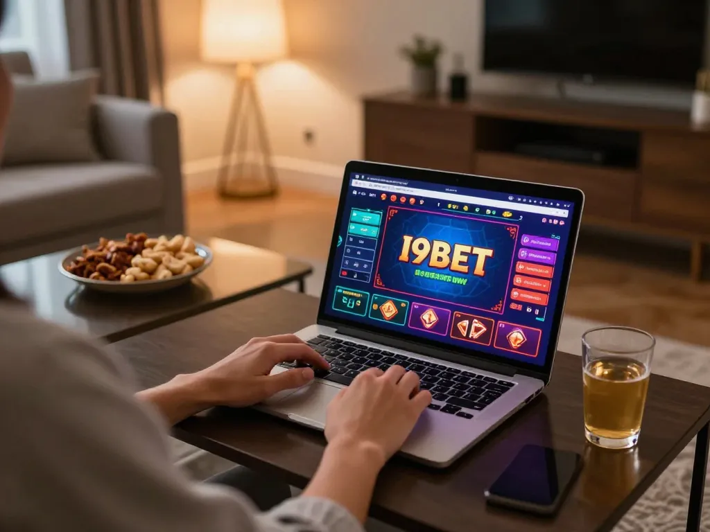 I9BET user engaging with online gaming on a laptop in a cozy living room setting.