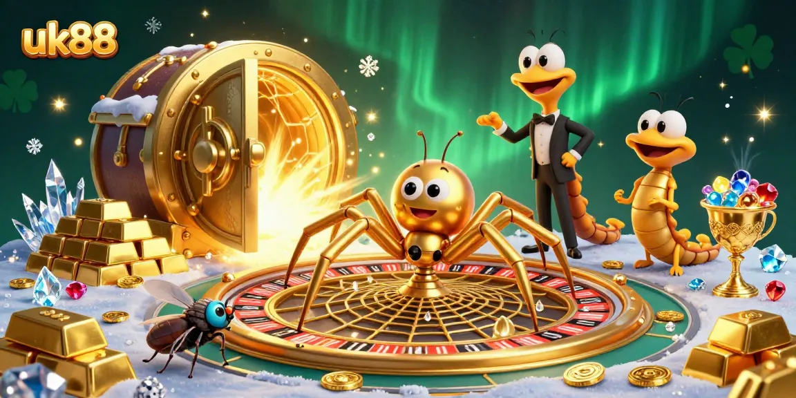 Experience thrilling bets at uk88 with a vivid roulette-inspired 3D illustration brimming with gold and gems.