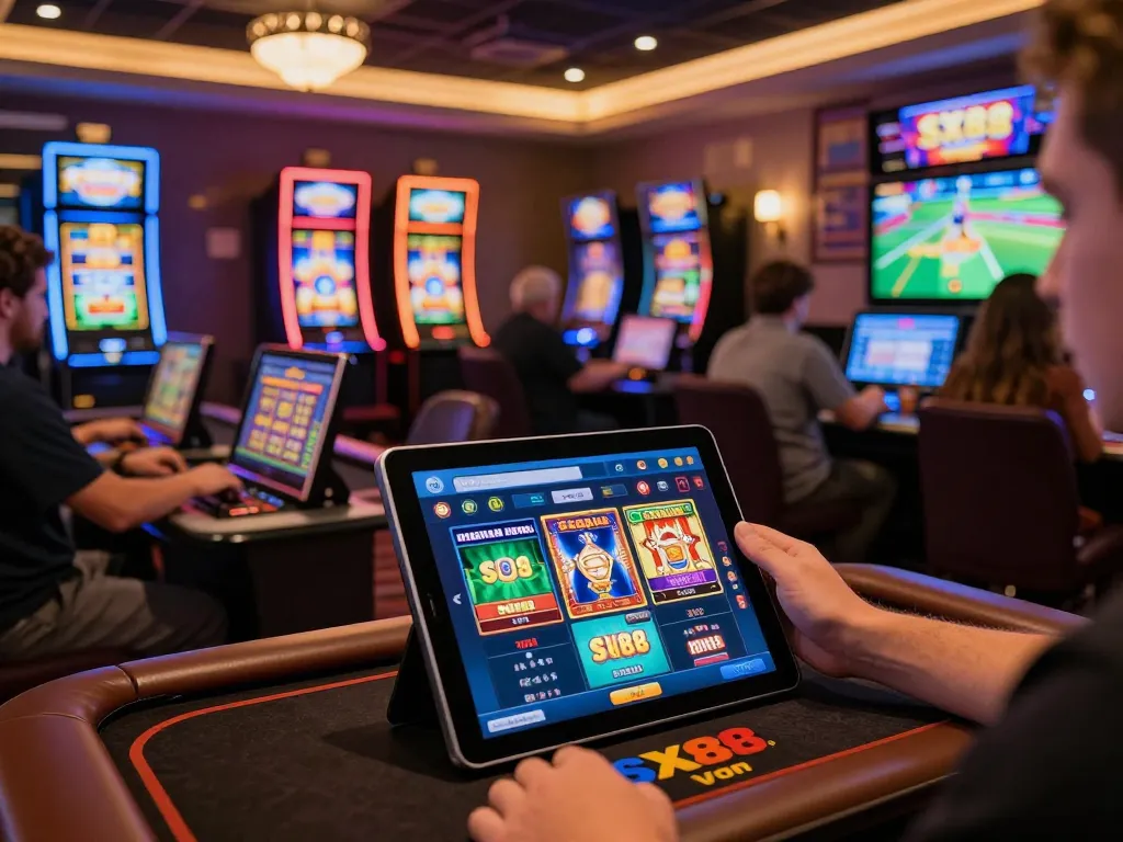 SX88 vom mobile app interface displayed on tablet screen amid dynamic online casino environment.