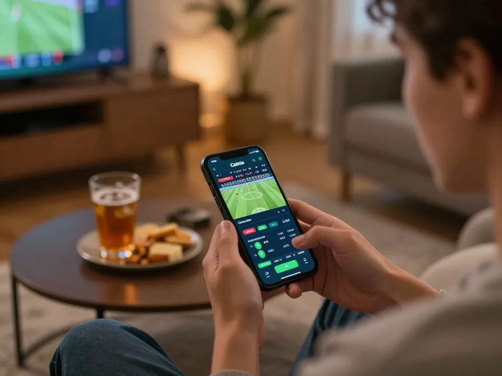 Cakhia sports betting app showing live football matches on smartphone in cozy home setting