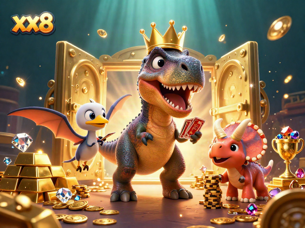 xx8 casino characters engage in a vibrant card game with treasures, showcasing playful gamble dynamics.