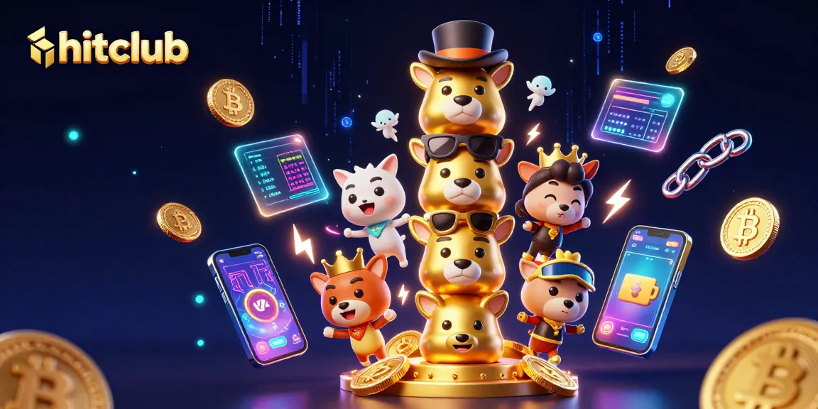 Explore gaming excitement at hitclub with a vibrant totem pole and glowing crypto elements in 3D illustration.