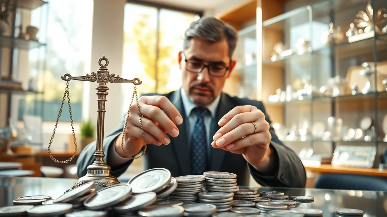 Valutazione di compro argento con monete e attrezzi accurati in un ambiente professionale.