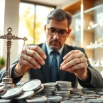 Valutazione di compro argento con monete e attrezzi accurati in un ambiente professionale.