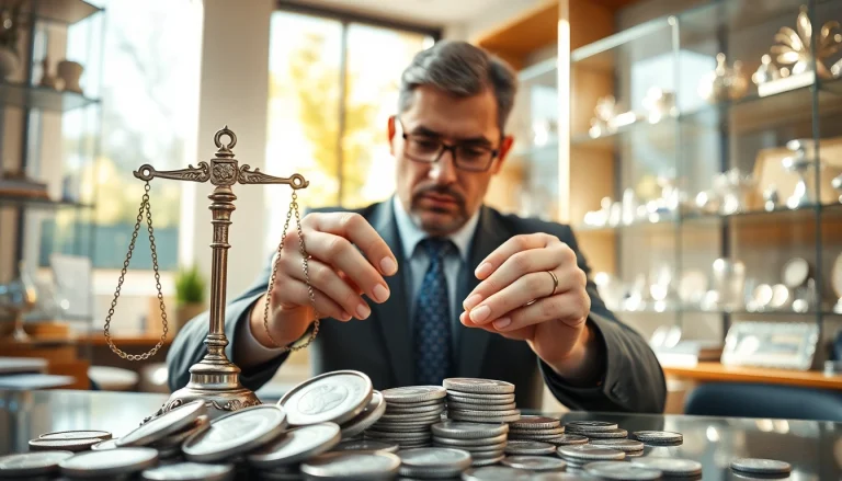 Valutazione di compro argento con monete e attrezzi accurati in un ambiente professionale.