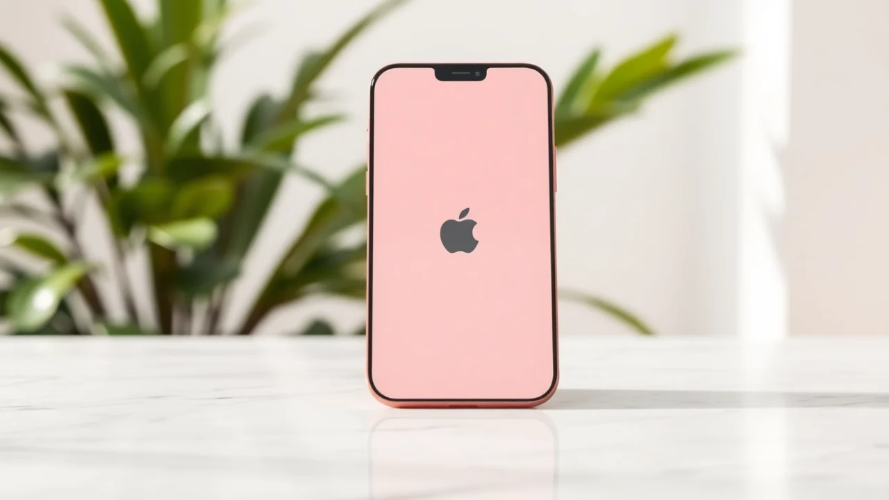 Presenta el iPhone 15 rosa en un entorno elegante, destacando su diseño moderno.